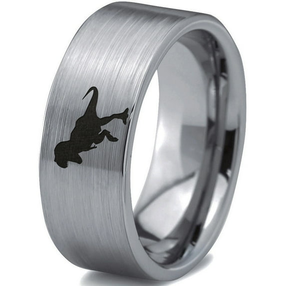 Tungsten Tyrannosaurus Rex Band Ring 8mm Men Women Comfort Fit Gray Flat Cut Brushed Polished