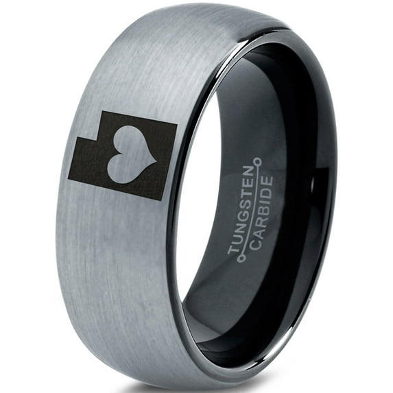 Tungsten Utah The Beehive State Heart Band Ring 8mm Men Women Comfort Fit Black Dome Brushed Gray Polished