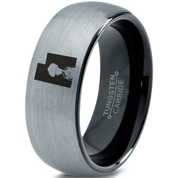 Tungsten Utah The Beehive State Train Band Ring 8mm Men Women Comfort Fit Black Dome Brushed Gray Polished