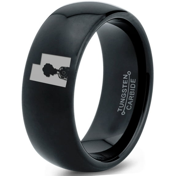 Tungsten Utah The Beehive State Train Band Ring 8mm Men Women Comfort Fit Black Dome Polished