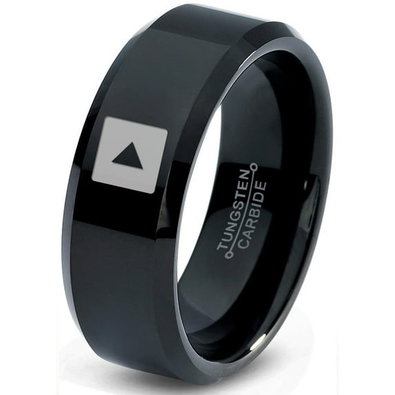 Tungsten Video Play Button Band Ring 8mm Men Women Comfort Fit Black Beveled Edge Polished