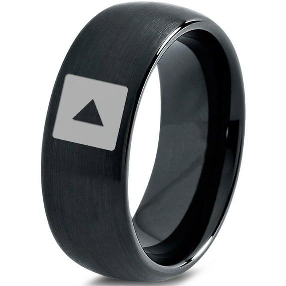 Tungsten Video Play Button Band Ring 8mm Men Women Comfort Fit Black Dome Brushed Polished