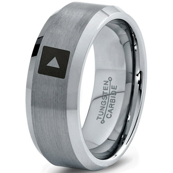 Tungsten Video Play Button Band Ring 8mm Men Women Comfort Fit Gray Step Bevel Edge Brushed Polished