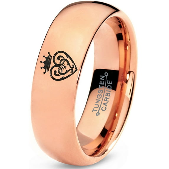 Tungsten Vintage Heart Crown Band Ring 7mm Men Women Comfort Fit 18k Rose Gold Dome Polished