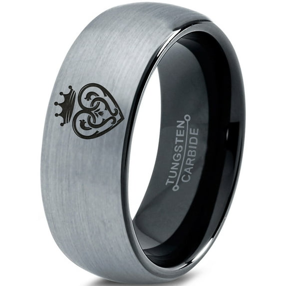 Tungsten Vintage Heart Crown Band Ring 8mm Men Women Comfort Fit Black Dome Brushed Gray Polished