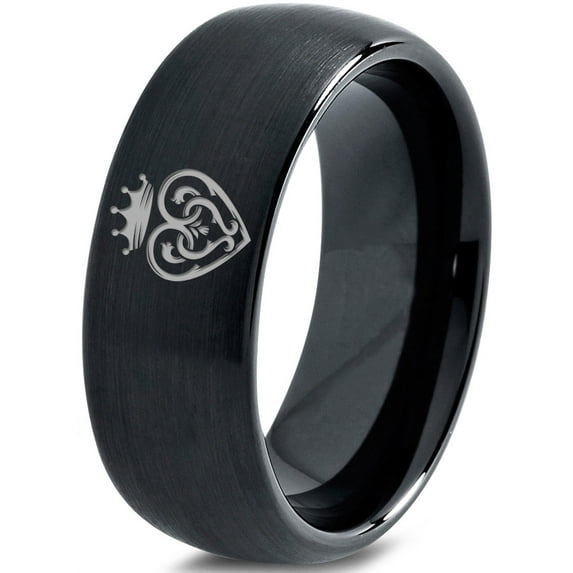Tungsten Vintage Heart Crown Band Ring 8mm Men Women Comfort Fit Black Dome Brushed Polished