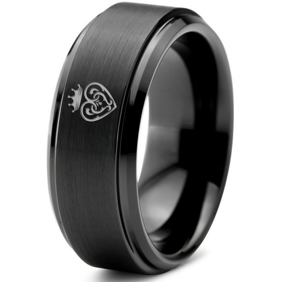 Tungsten Vintage Heart Crown Band Ring 8mm Men Women Comfort Fit Black Step Bevel Edge Brushed Polished