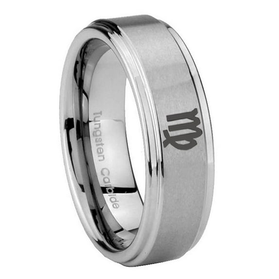 Tungsten Virgo Zodiac 8mm Brushed Gray Step Edges Men Ring