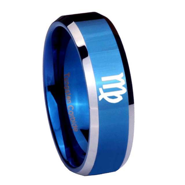Tungsten Virgo Zodiac 8mm Glossy Blue Two Tone Polished Beveled Edges Men Ring