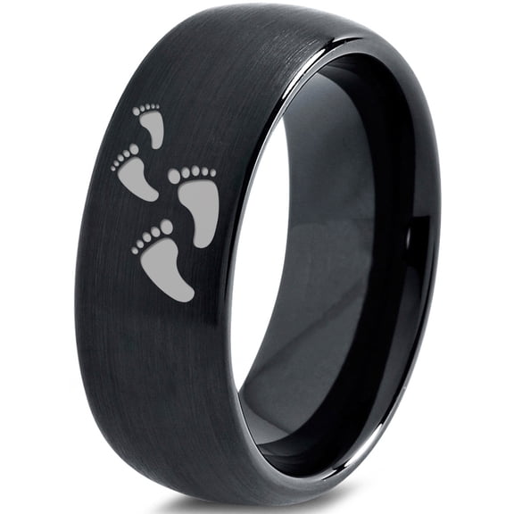 Tungsten Walking Trail Human Footprints Band Ring 8mm Men Women Comfort Fit Black Dome Brushed Polished