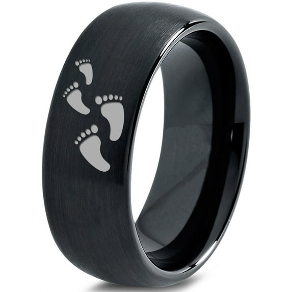Tungsten Walking Trail Human Footprints Band Ring 8mm Men Women Comfort Fit Black Dome Brushed Polished