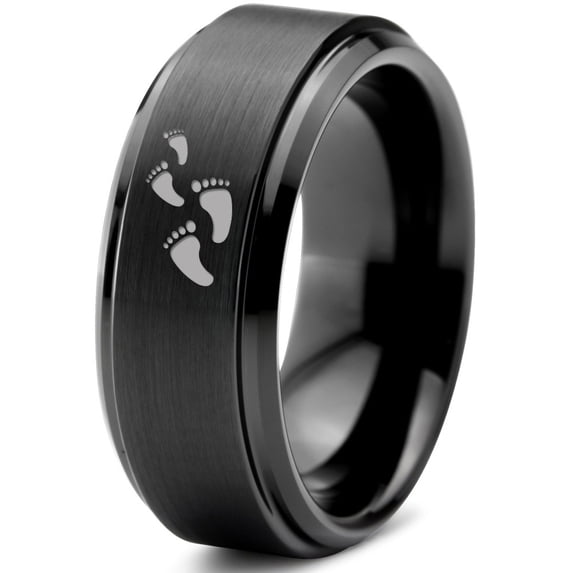 Tungsten Walking Trail Human Footprints Band Ring 8mm Men Women Comfort Fit Black Step Bevel Edge Brushed Polished