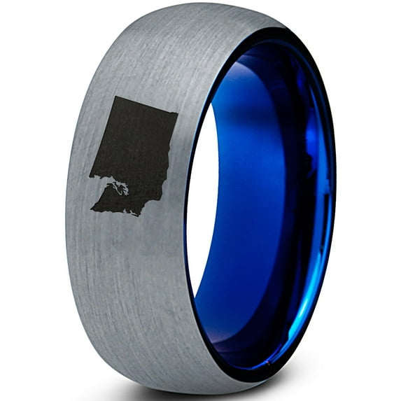 Tungsten Washington The Evergreen State Band Ring 8mm Men Women Comfort Fit Blue Dome Brushed Gray Polished