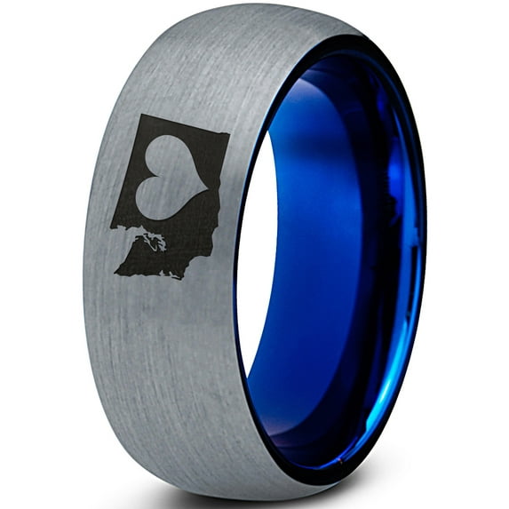 Tungsten Washington The Evergreen State Heart Band Ring 8mm Men Women Comfort Fit Blue Dome Brushed Gray Polished