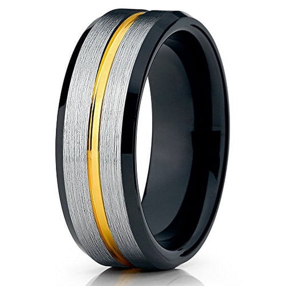 Tungsten Wedding Band Yellow Gold Tungsten Ring 8mm Brushed Black Tungsten Band Silver Tungsten Men & Women Comfort Fit