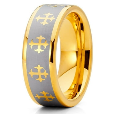 Tungsten Wedding Band 18K Yellow Gold Tungsten Ring Cross Christian Tungsten Carbide Ring Silver Brush Ring Comfort Fit