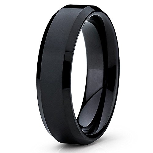 Tungsten Wedding Band 6mm Black Tungsten Ring Tungsten Carbide Ring Beveled Shiny Polish Men and ...