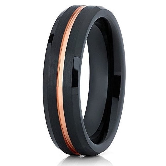 Tungsten Wedding Band 6mm Rose Gold Tungsten Ring Black Tungsten Band Beveled Comfort Fit