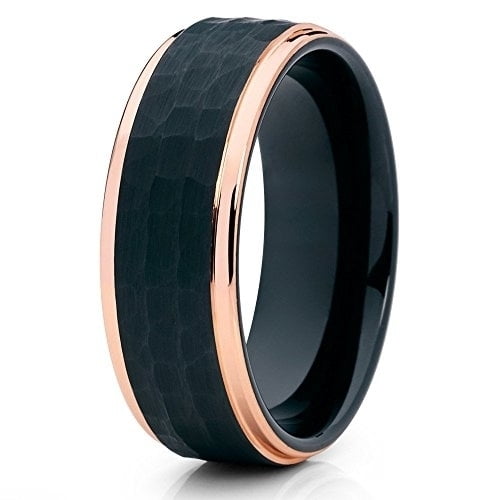 Tungsten Wedding Band Black Brushed Hammered Tungsten Rose Gold Edges Men & Women Comfort Fit