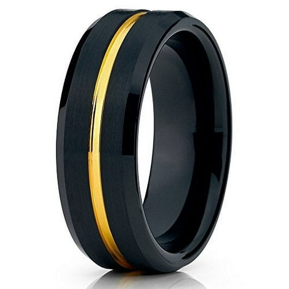 Tungsten Wedding Band Black Tungsten Ring 8mm Tungsten Carbide Ring Yellow Gold Men and Women Brushed Comfort Fit