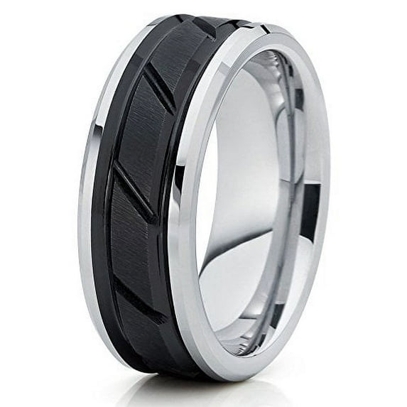 Tungsten Wedding Band Black Tungsten Ring Polish Silver Tungsten Carbide Matte Black Bike Pattern Comfort Fit Mens