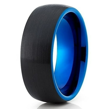 Tungsten Wedding Band Blue Tungsten Ring Black Brushed Top 8mm Tungsten Carbide