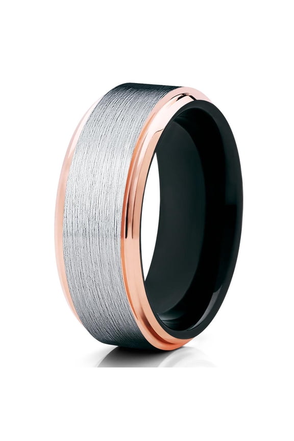 Tungsten Wedding Band Brushed Silver Tungsten Ring 8mm Tungsten Carbide Rose Gold Edges Black Inlay Comfort Fit