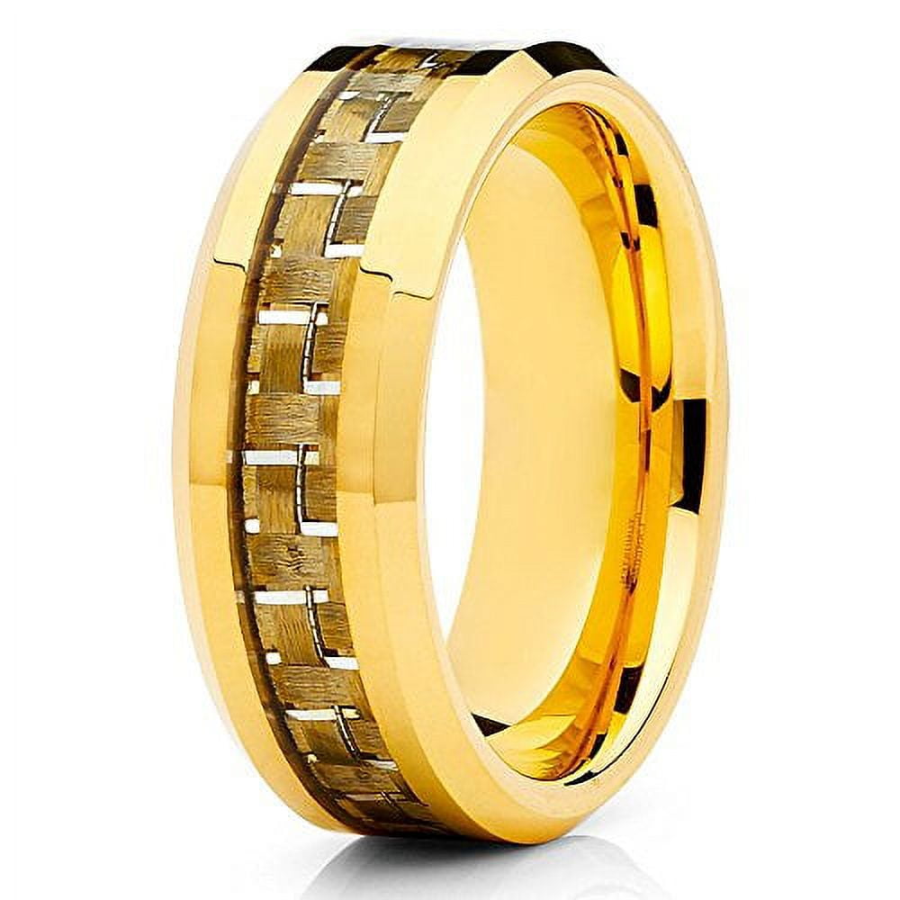 Mens Gold Tungsten Band Ring With Black and Gold Carbon Fiber