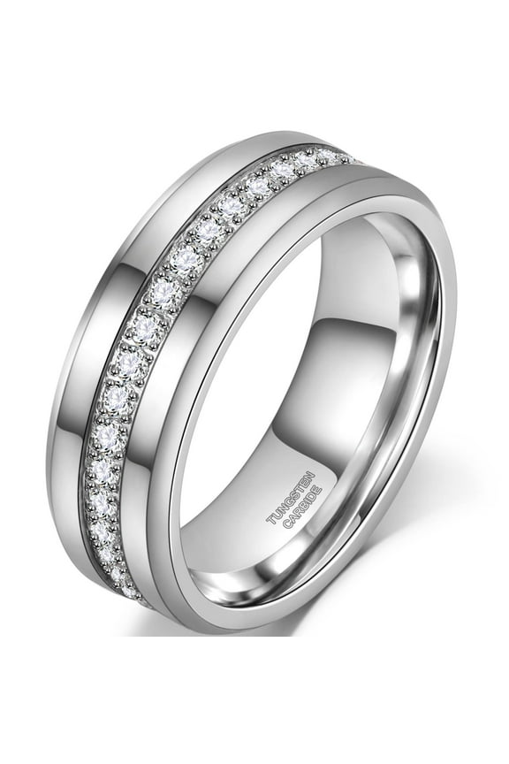Tungsten Wedding Band Cubic Zirconia Eternity Ring Mens Engagement Carbide Ring Birthday Gift for Him