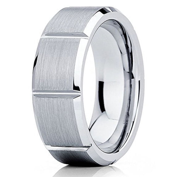 Tungsten Wedding Band Grooved Tungsten Carbide Ring 8mm Brushed Tungsten Band Men & Women Comfort Fit