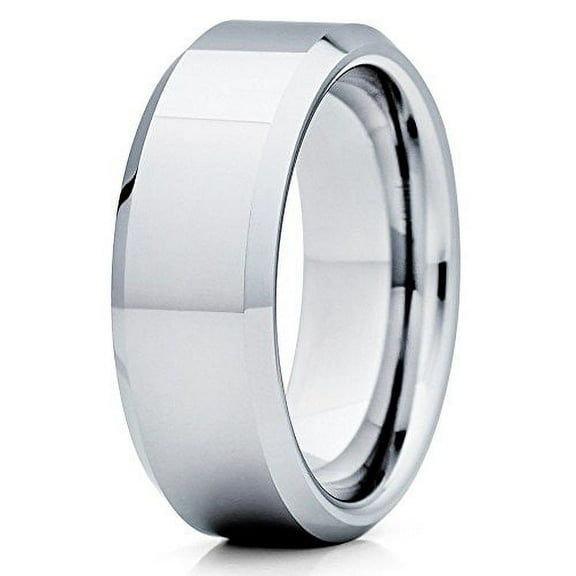 Tungsten Wedding Band Polish Silver Tungsten Ring Bevel Edge 8mm Gray Ring Pipe Cut Comfort Fit Men Women