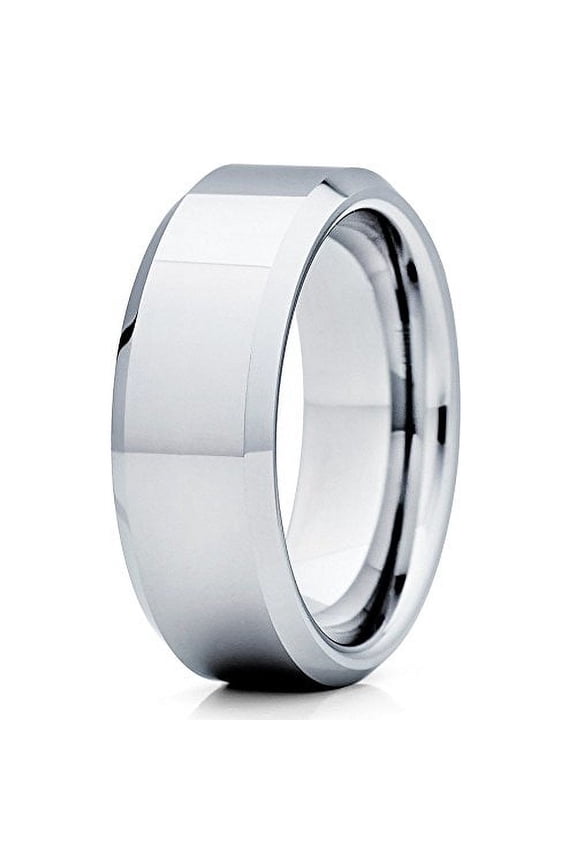Tungsten Wedding Band Polish Silver Tungsten Ring Bevel Edge 8mm Gray Ring Pipe Cut Comfort Fit Men Women