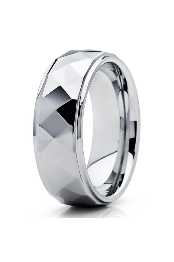 Tungsten Wedding Band Polished Silver Tungsten Ring 8mm Tungsten Carbide Ring Diamond Facet Men Women Comfort Fit