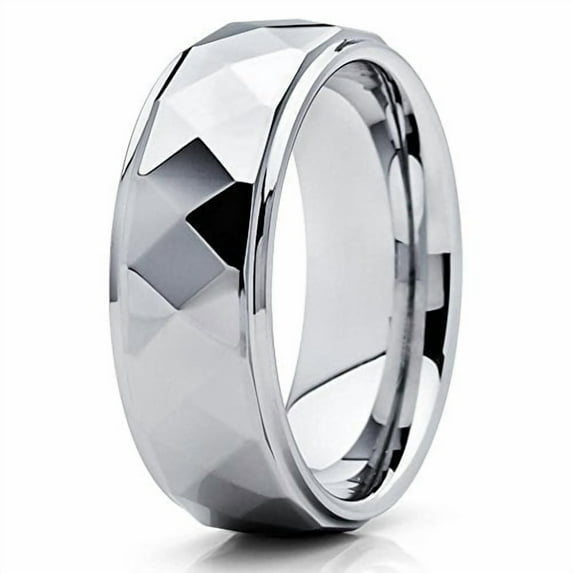 8mm High Polish Silver Tungsten Carbide Wedding Ring Multi Faceted Design Shiny Unisex Band 10 (10)