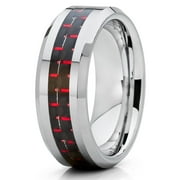 SILLY KINGS Tungsten Wedding Band Polished Silver Tungsten Ring Red Carbon Fiber Ring 8mm Tungsten Carbide Men Women Comfort Fit