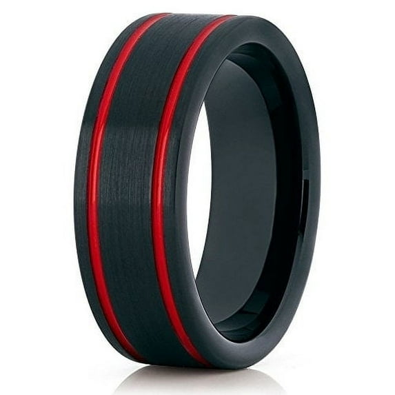 Tungsten Wedding Band Red and Black Tungsten Ring Tungsten Carbide Ring 8mm Brushed Men and Women Comfort Fit