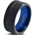 thumbnail image 1 of Tungsten Wedding Band Ring 10mm for Men Women Blue Black Pipe Brushed Polished Offset Line Lifetime Guarantee, 1 of 4