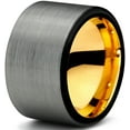 thumbnail image 1 of Tungsten Wedding Band Ring 12mm for Men Women Black & 18K Yellow Gold Plated Pipe Cut Brushed Polished Lifetime Guarantee, 1 of 4