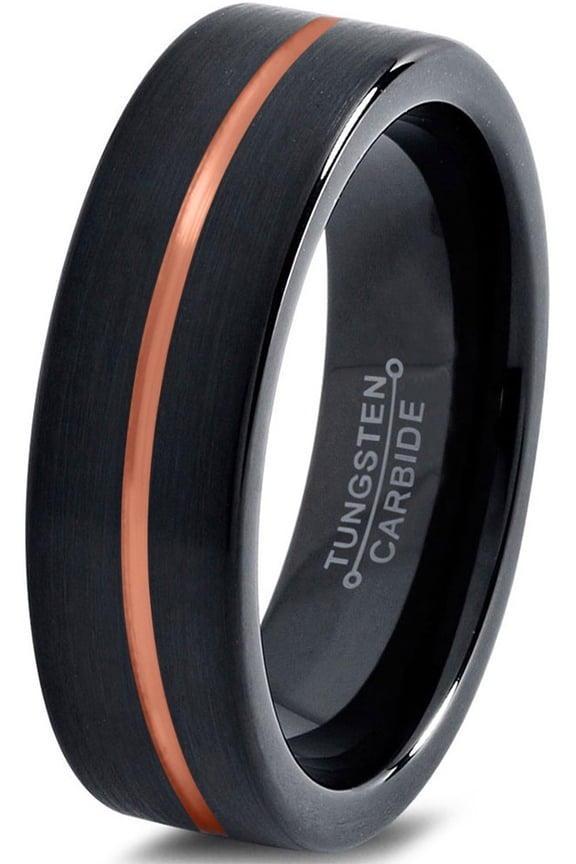 Tungsten Wedding Band Ring 4mm for Men Women Black & 18K Rose Gold Plated Center Line Pipe Cut Brushed Polished Lifetime Guarantee