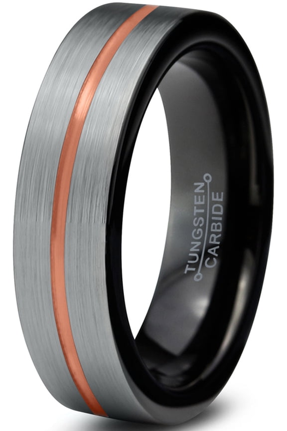 Tungsten Wedding Band Ring 4mm for Men Women Black & 18K Rose Gold Plated Center Line Pipe Cut Brushed Polished Lifetime Guarantee