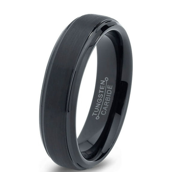 Tungsten Wedding Band Ring 6mm for Men Women Comfort Fit Black Beveled Edge Brushed Lifetime Guarantee