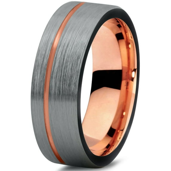 Tungsten Wedding Band Ring 7mm for Men Women Black & 18K Rose Gold Plated Pipe Cut Brushed Polished Lifetime Guarantee