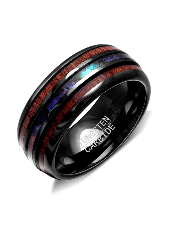 Tungsten Wedding Band Ring 8mm Men Women Koa Wood Abalone Ginger Lyne Collection