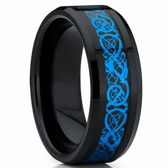 Tungsten Wedding Band Ring 8mm Men's Engagement Black & Blue Celtic Dragon Black Carbon Fiber Inlay