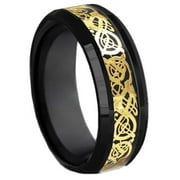 MERAVI JEWELERS Tungsten Wedding Band Ring 8mm Men's Engagement Black & Gold Celtic Dragon Black Carbon Fiber Inlay