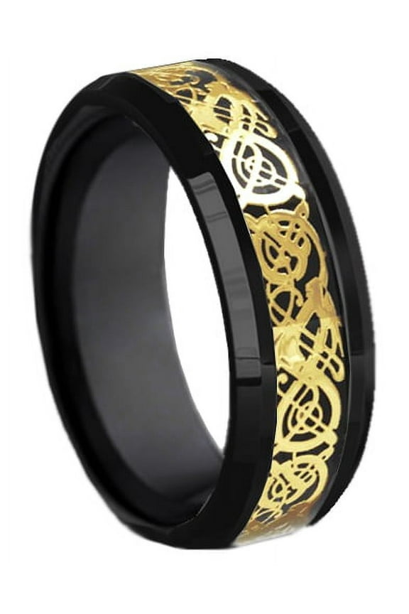 Tungsten Wedding Band Ring 8mm Men's Engagement Black & Gold Celtic Dragon Black Carbon Fiber Inlay