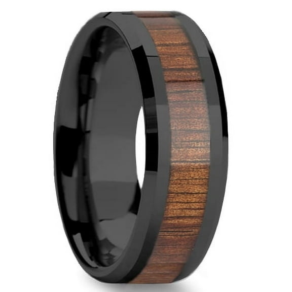 Tungsten Wedding Band Ring 8mm Men's Engagement Black & Koa Wood Inlay