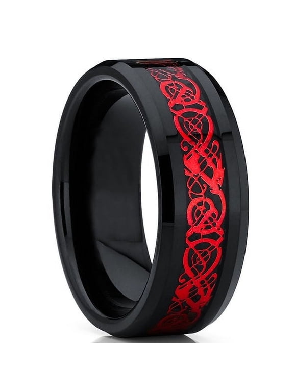 Tungsten Wedding Band Ring 8mm Men's Engagement Black & Red Celtic Dragon Black Carbon Fiber Inlay