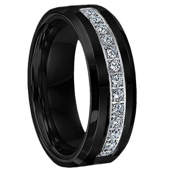 Tungsten Wedding Band Ring 8mm Men's Engagement Black with 13 Cz Stone Inlay Comfort Fit