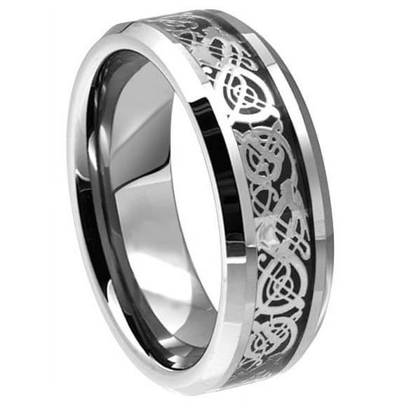 Tungsten Wedding Band Ring 8mm Men's Engagement Silver Celtic Dragon & Black Carbon Fiber Inlay